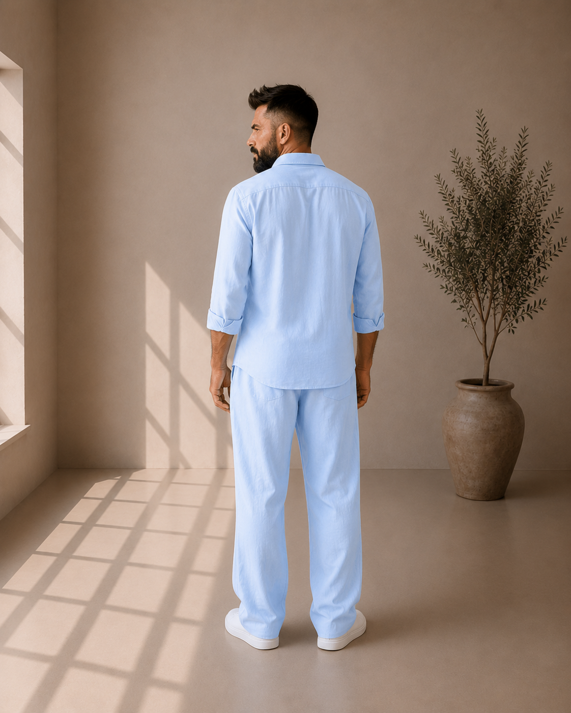 Sky blue cotton linen co-ord set for men with half-elastic drawstring waist trousers, a good fit for skinny guys