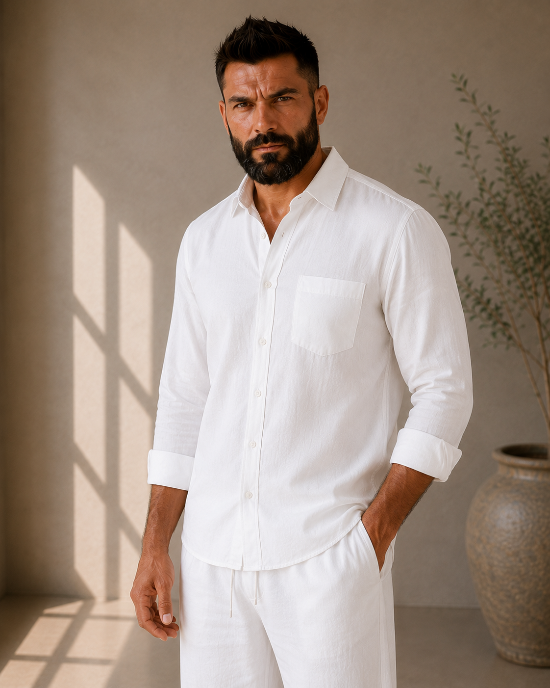 Men's white cotton-linen co-ord set styled as smart casual office wear