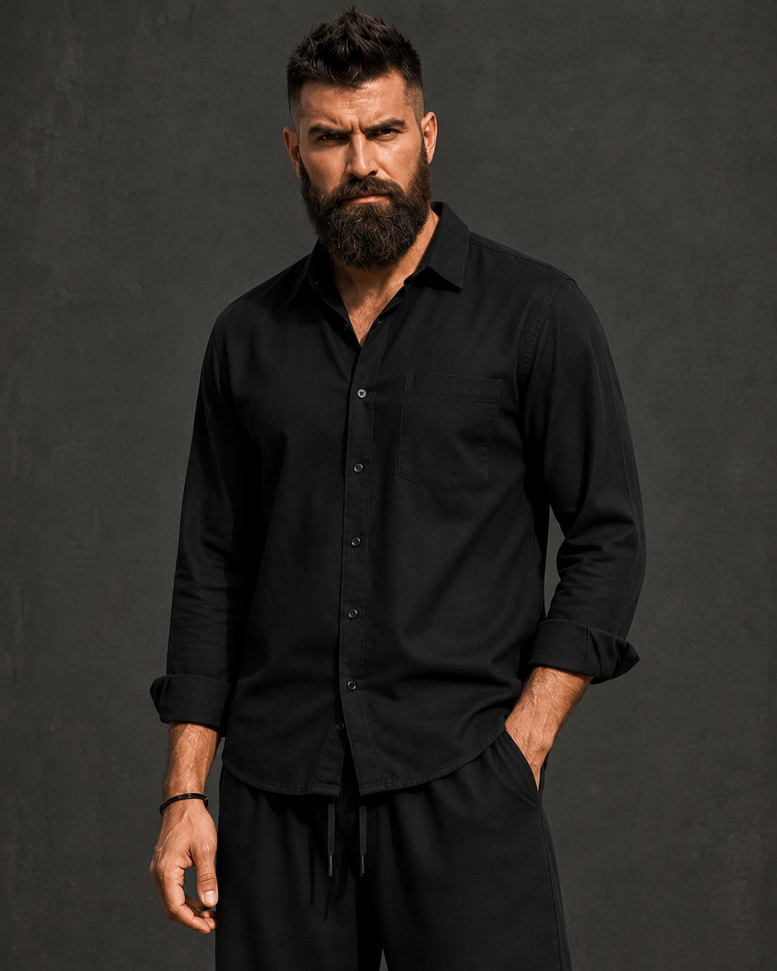 Men's black pure cotton-linen co-ord set styled for a cocktail party in India