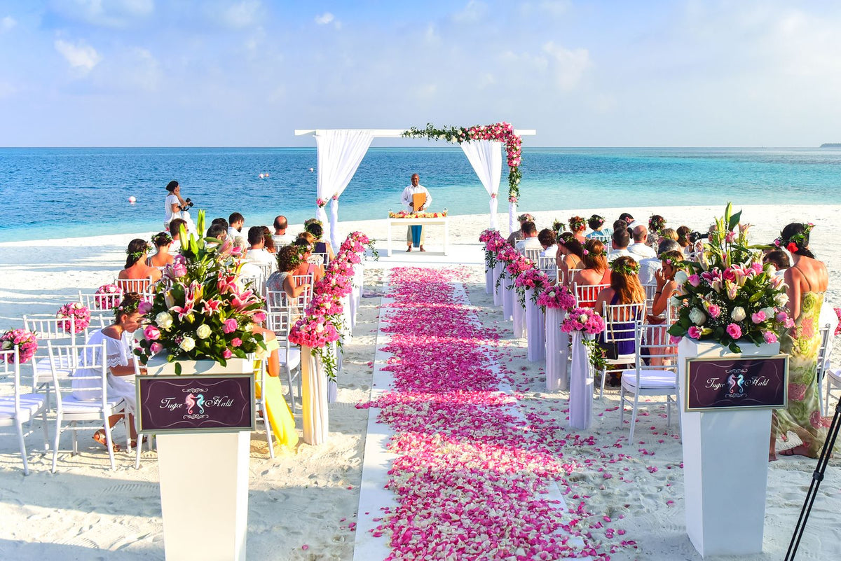 Beach destination wedding ceremony setup with ocean view in India