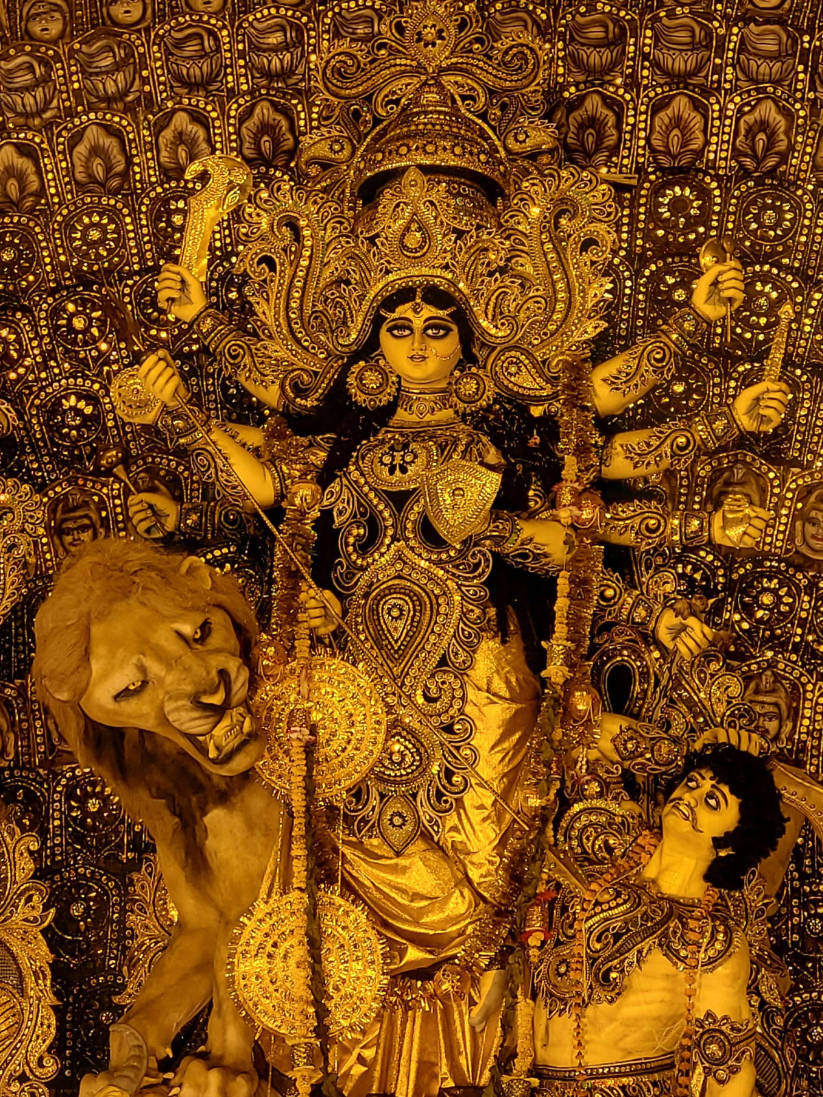 Durga idol at a decorated Kolkata pandal during Durga Puja 2026
