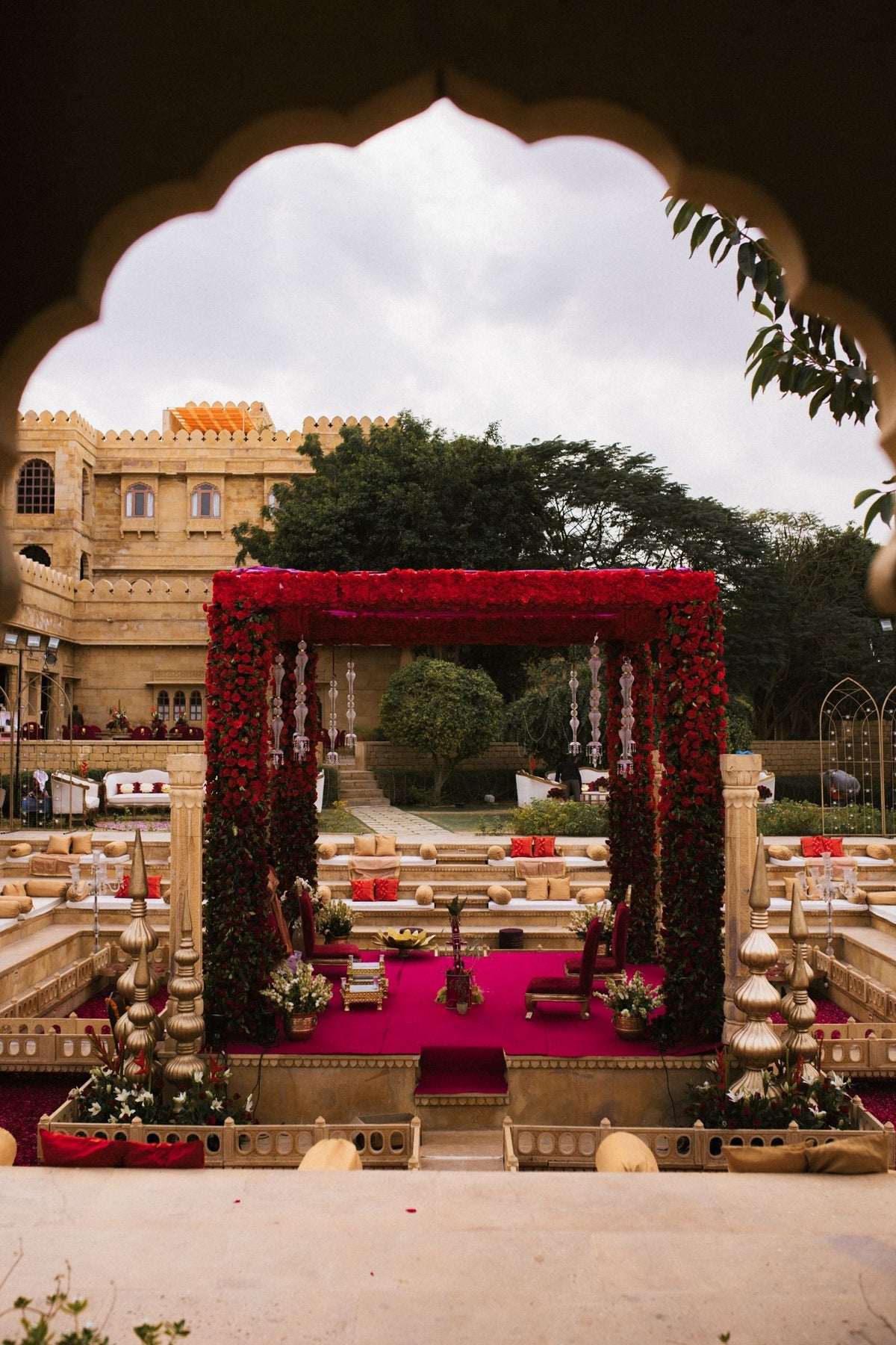 Ornate outdoor wedding mandap decorated for an Indian wedding function during the winter wedding season