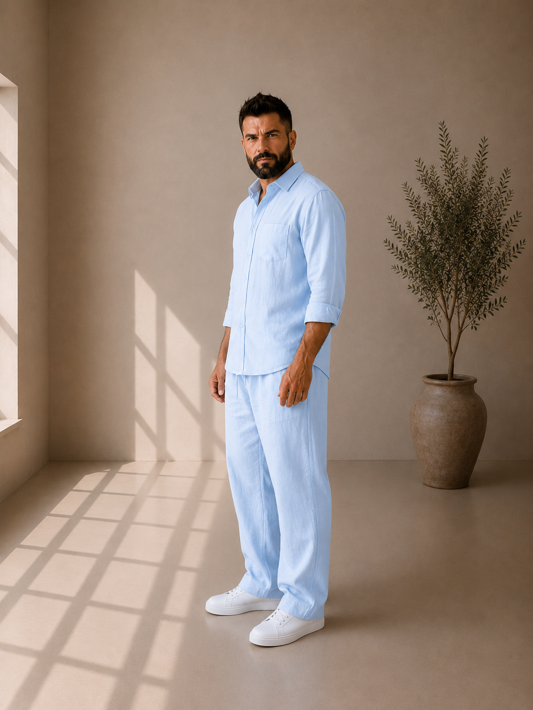 Men's sky blue linen co-ord set styled as a smart-casual summer outfit