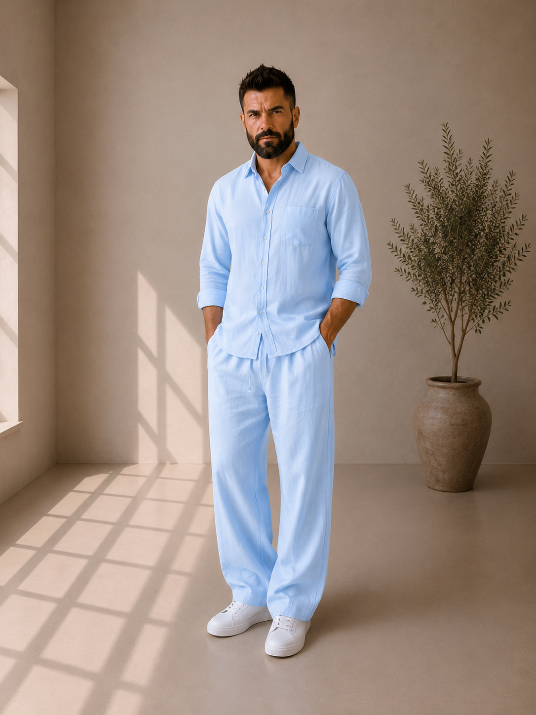 Sky blue Premium Linen shirt and trouser set for men by OtokoStyle