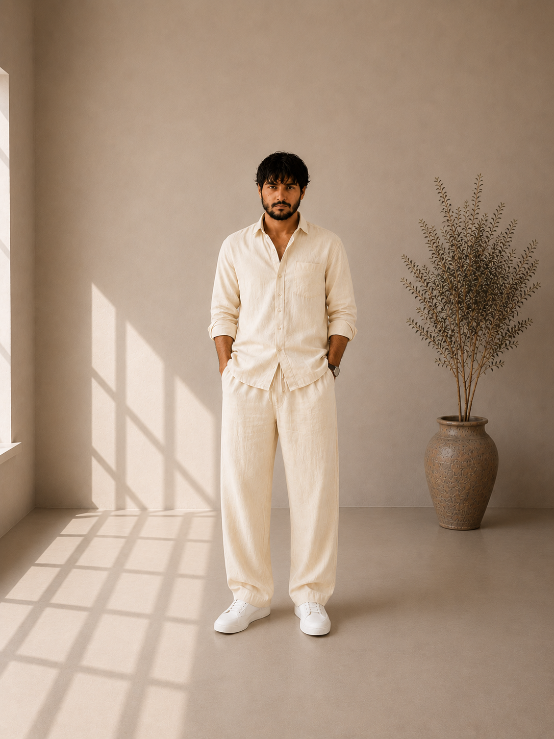 Pure Cotton Linen Cord Set - Ivory