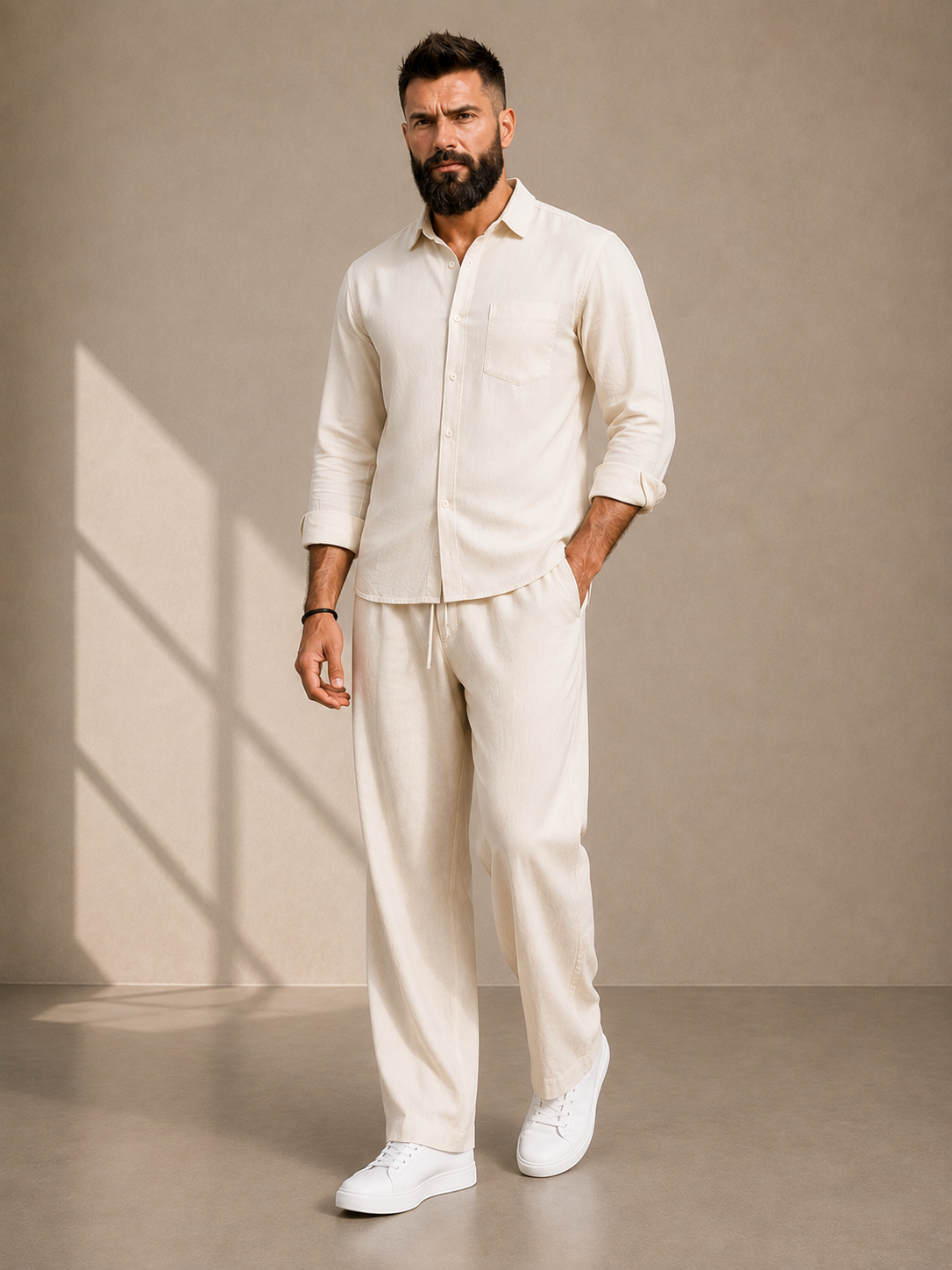 Men's ivory linen co-ord set styled as a smart-casual festive outfit
