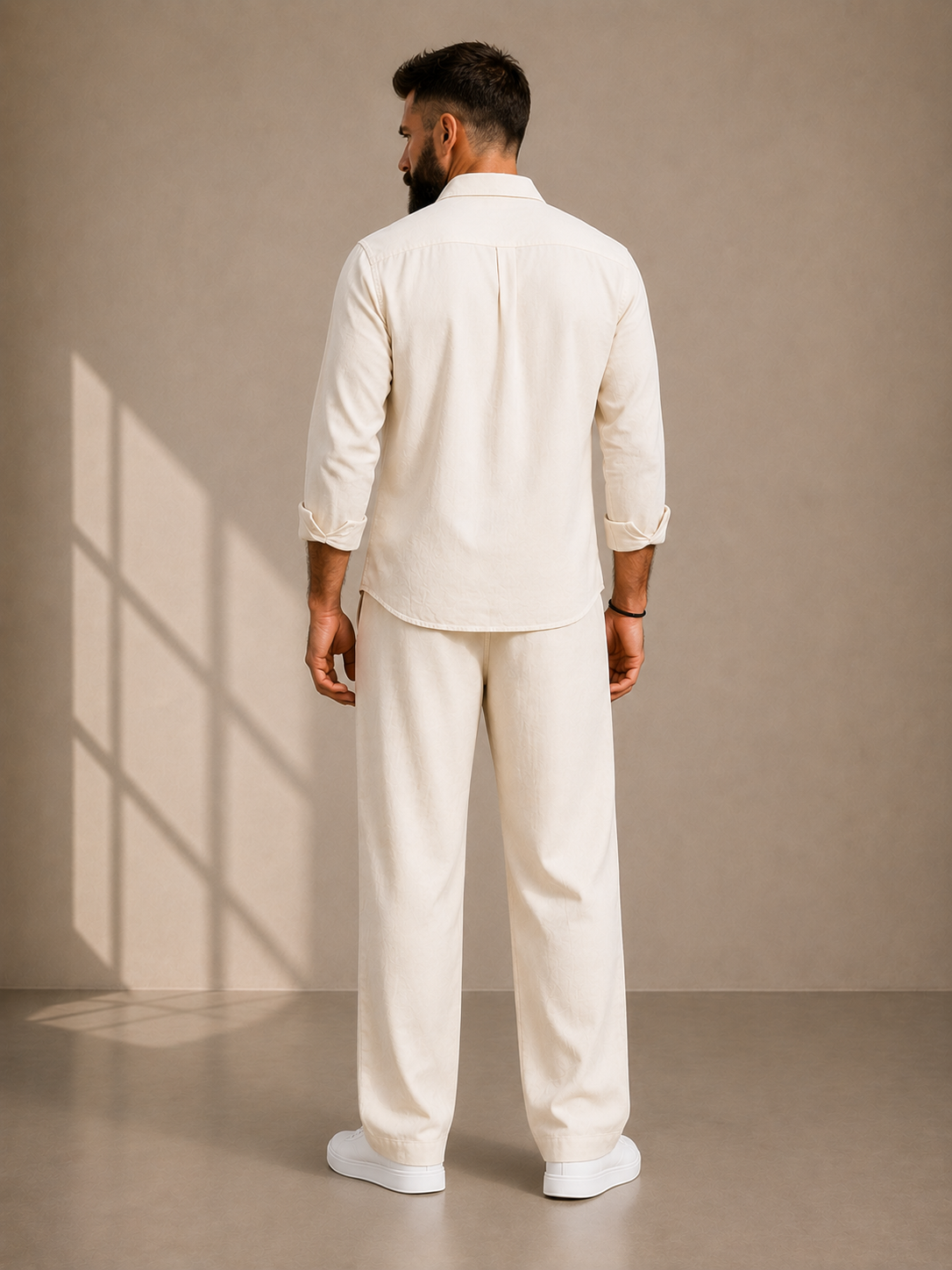 Ivory Premium Linen co-ord set for men with half-elastic drawstring waist trousers