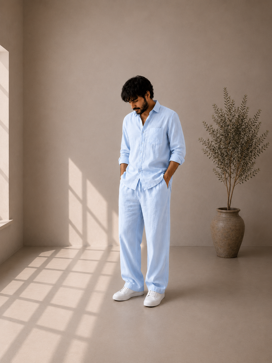 Pure Cotton Linen Cord Set - Sky Blue
