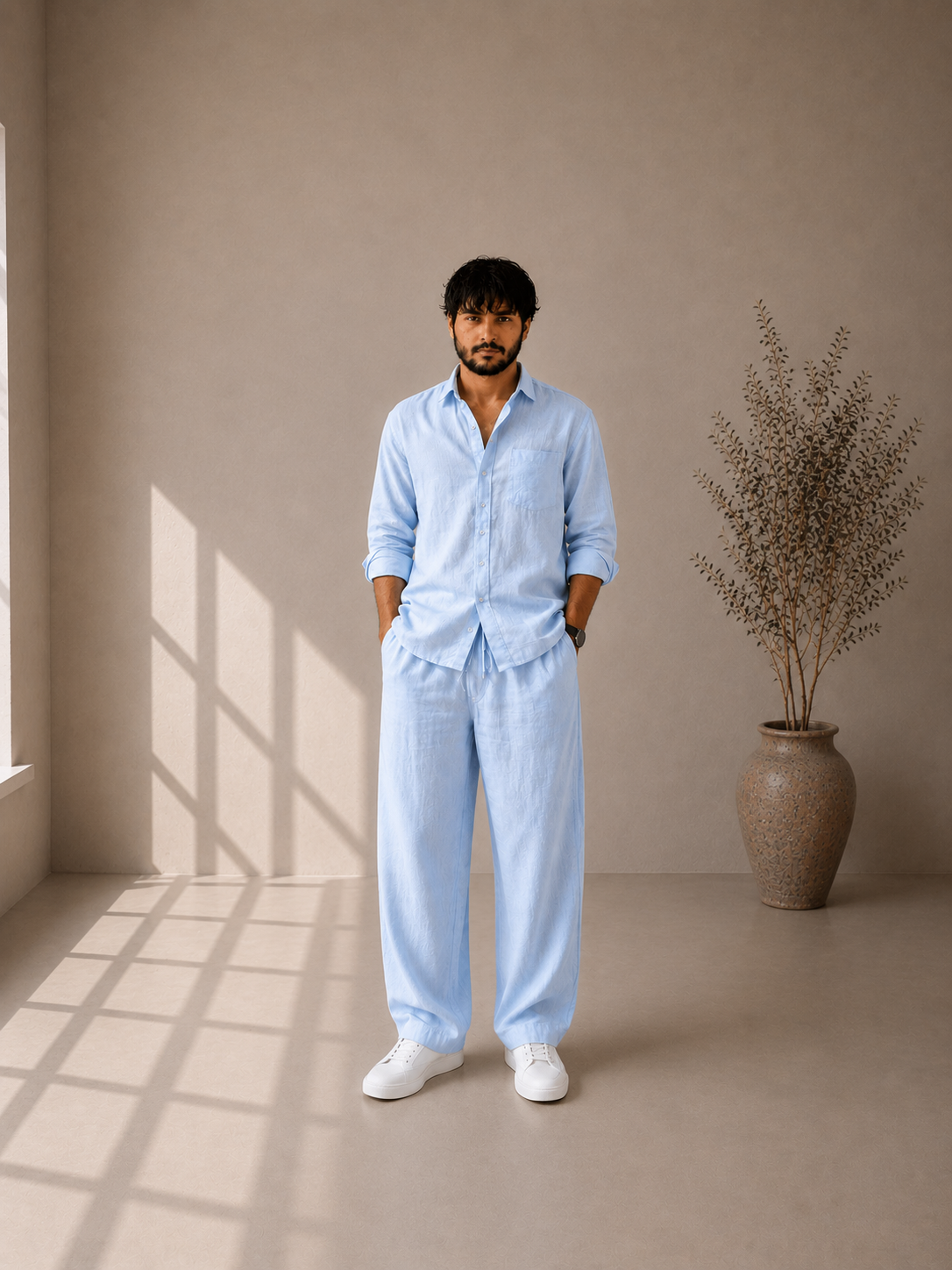 Pure Cotton Linen Cord Set - Sky Blue