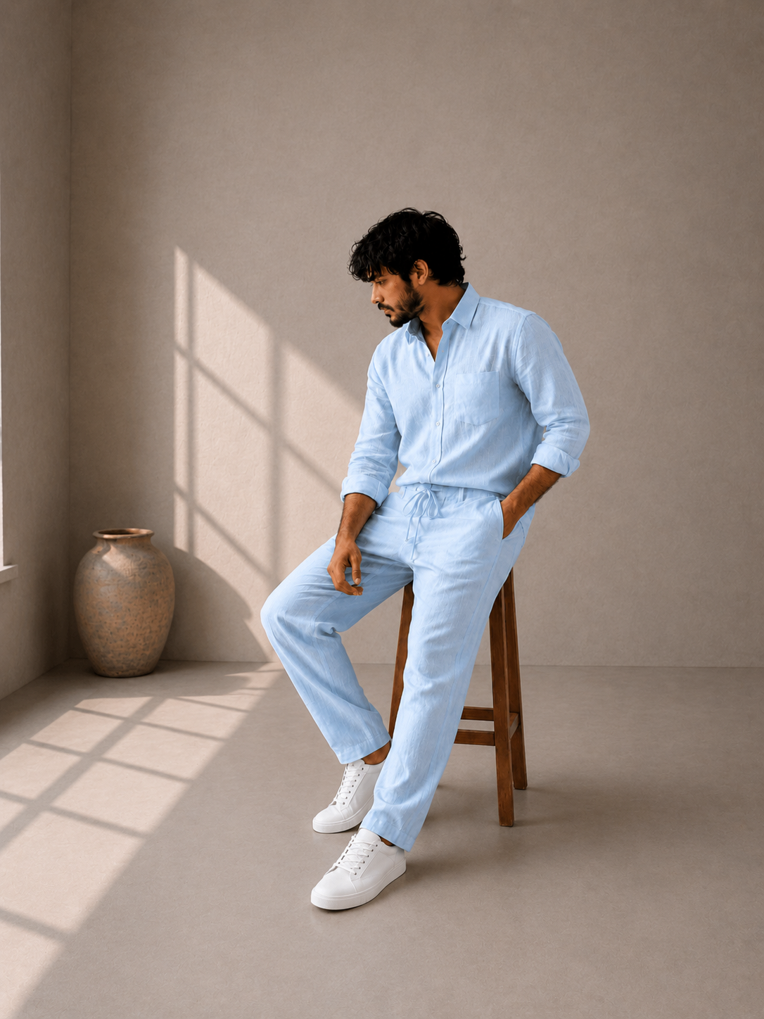 Pure Cotton Linen Cord Set - Sky Blue