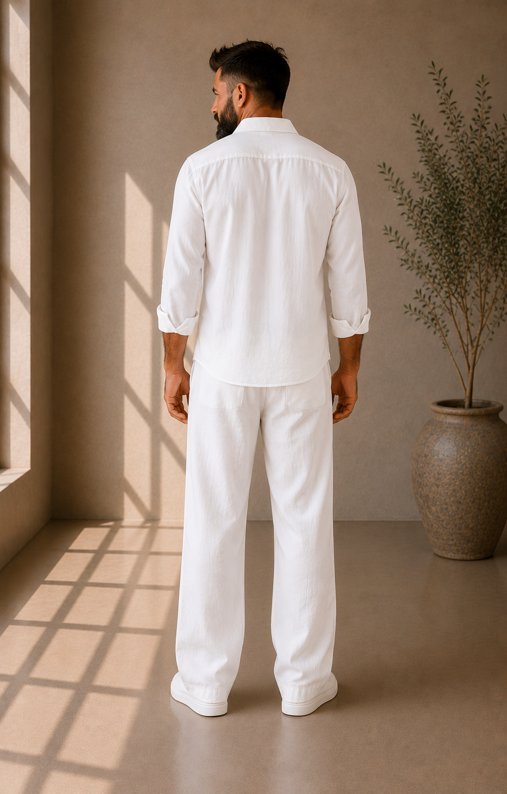 Men's white linen co-ord set styled as a smart-casual summer outfit