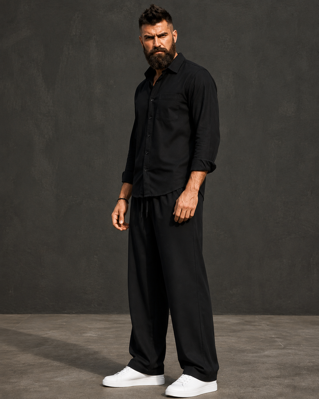 Black Premium Linen co-ord set for men with half-elastic drawstring waist trousers
