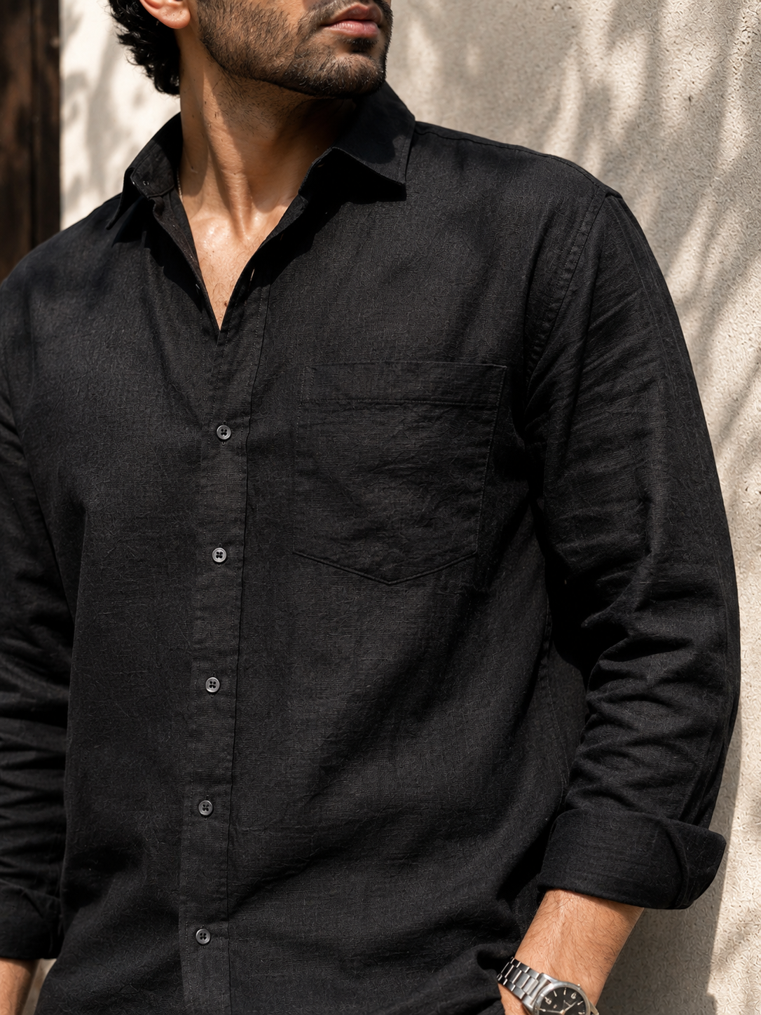 Black pure cotton linen cord set fabric detail