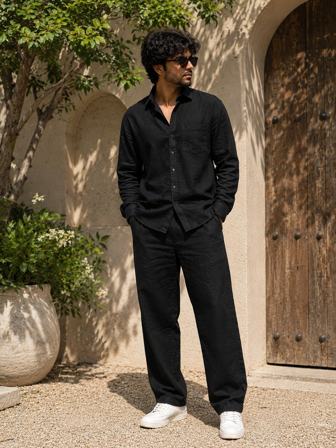 Men's pure cotton linen cord set in black - OtokoStyle co-ord set front view
