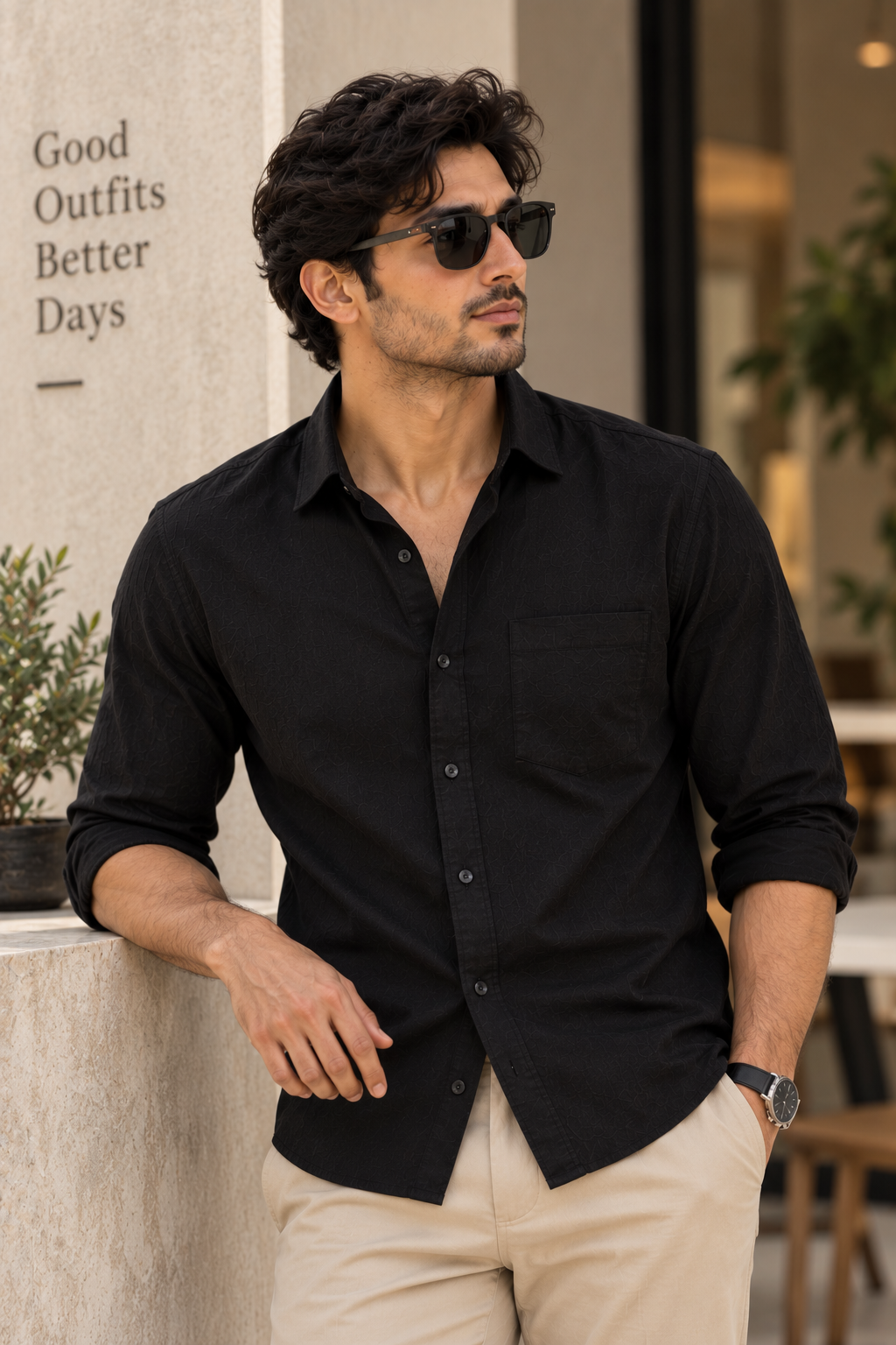 Men's black Premium Linen shirt, front view