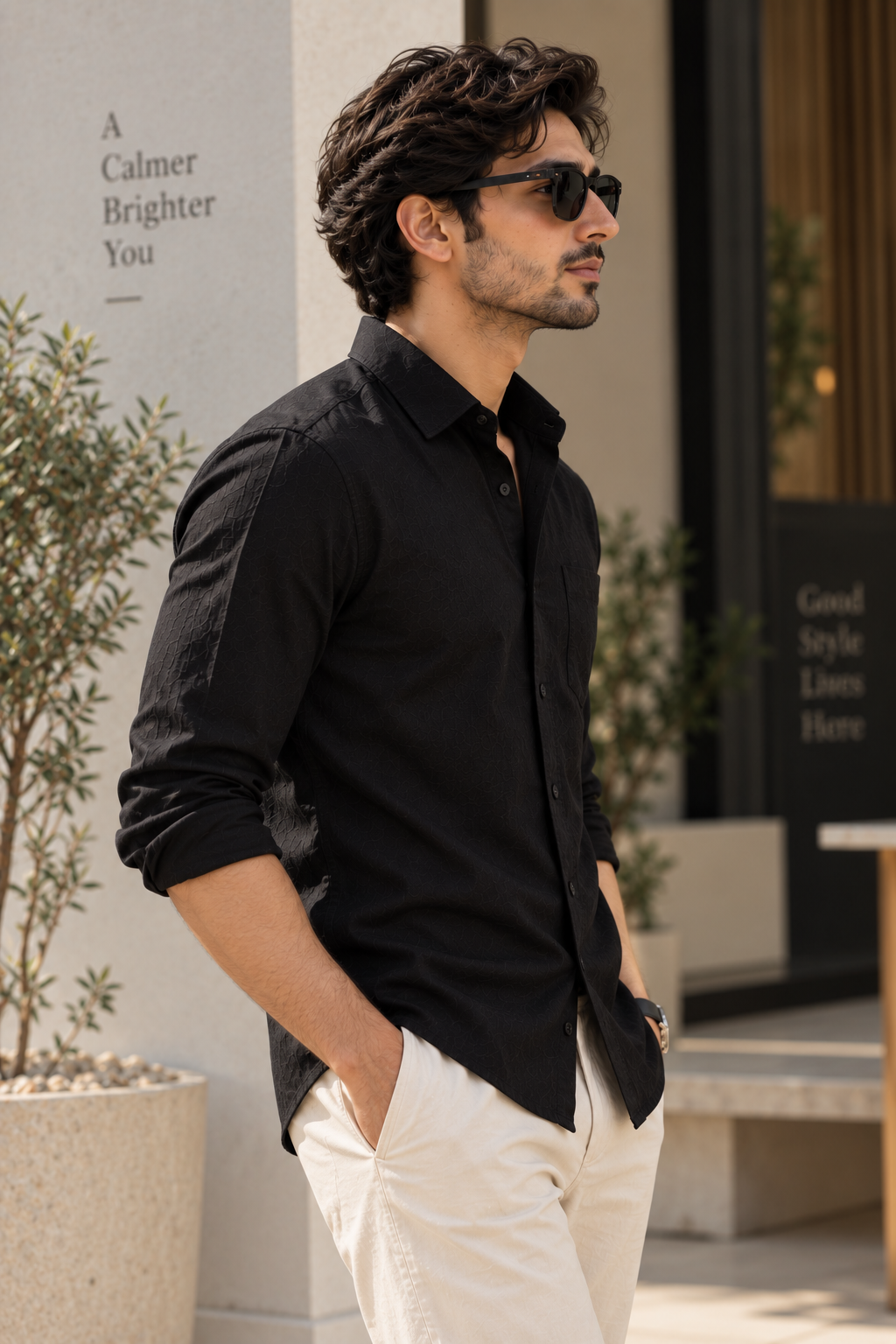 Side view of men's black Premium Linen shirt