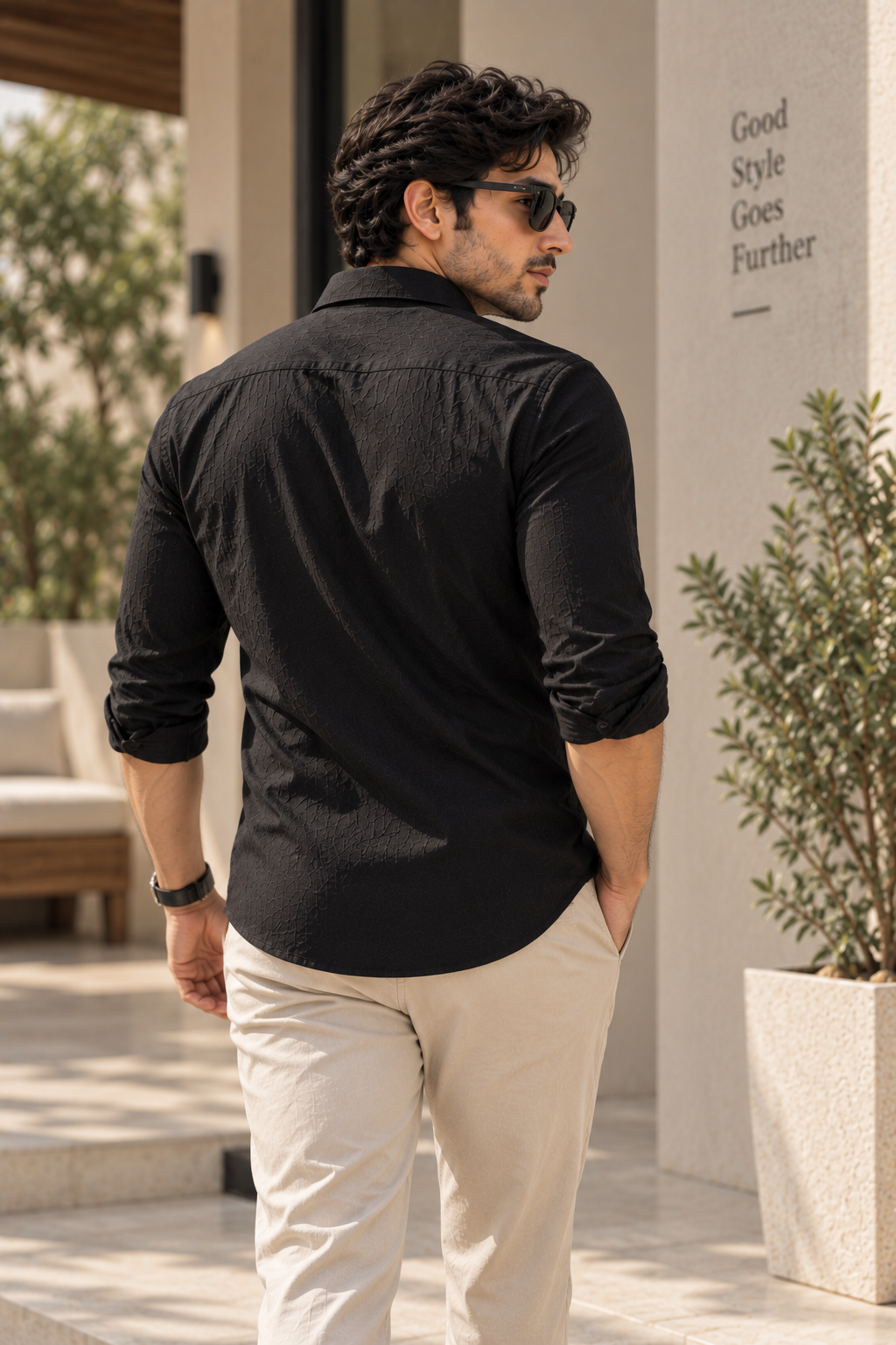 Back view of men's black Premium Linen shirt
