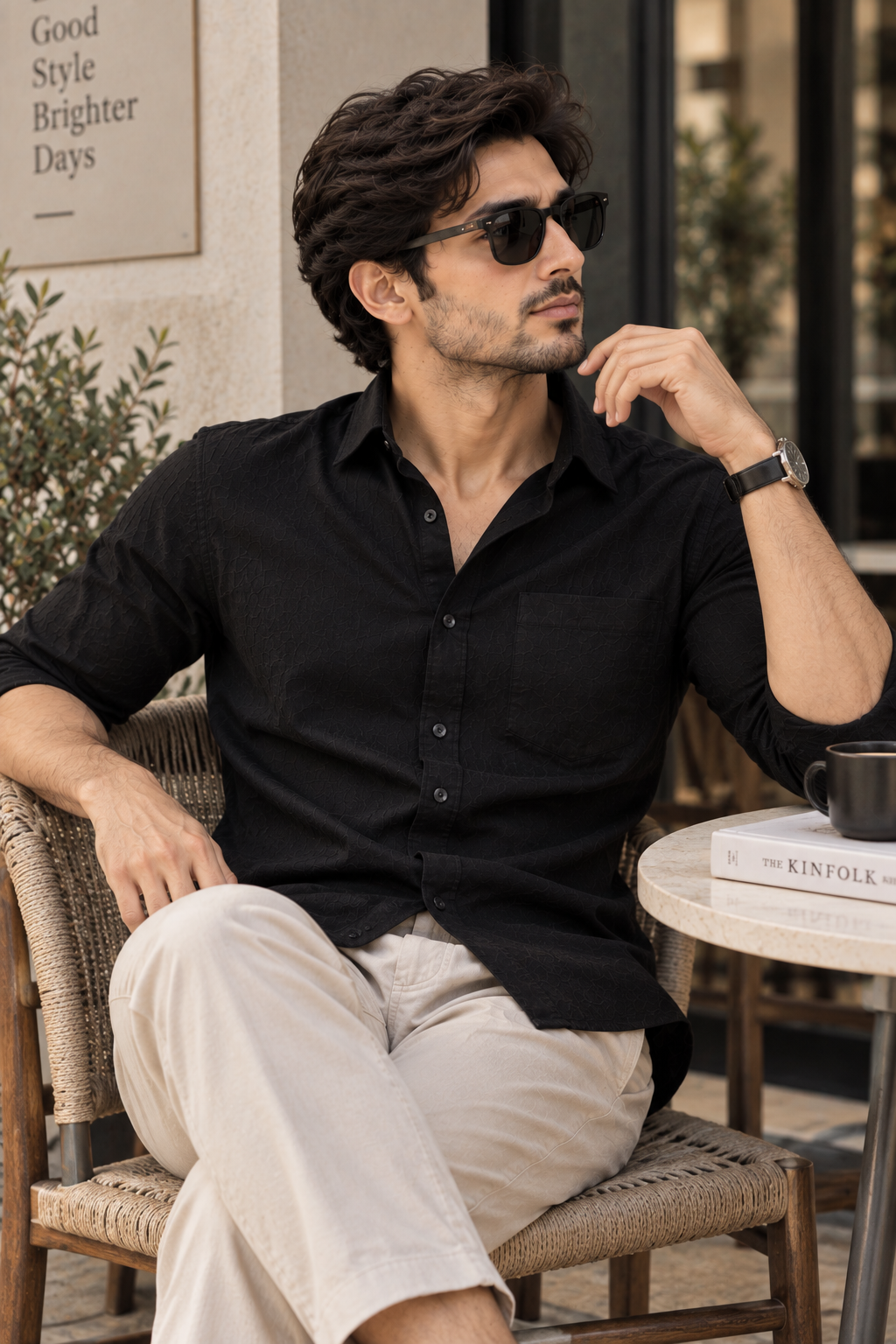 Man wearing a black Premium Linen shirt, seated