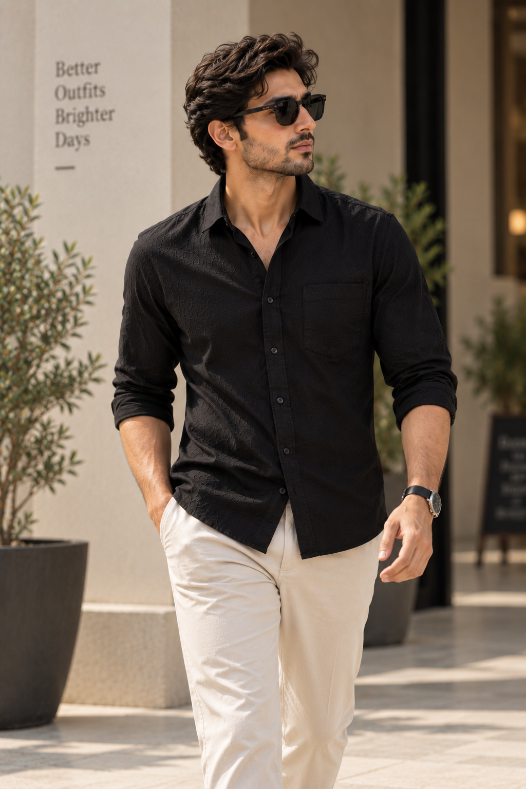 Man walking in black Premium Linen shirt