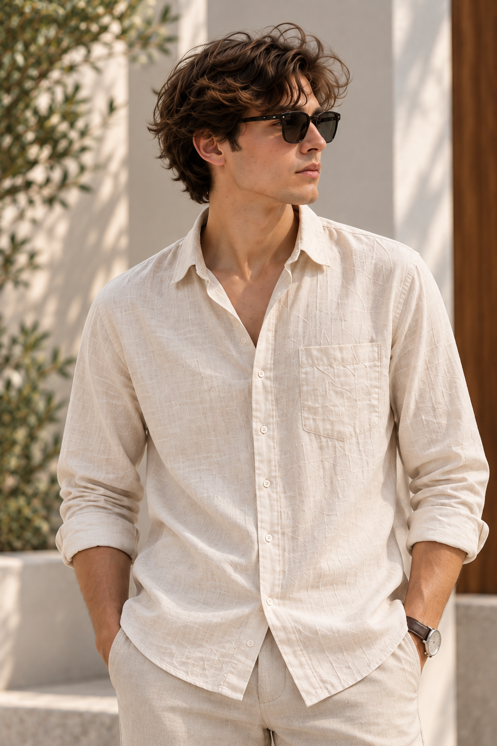 Men's ivory Premium Linen shirt, front view