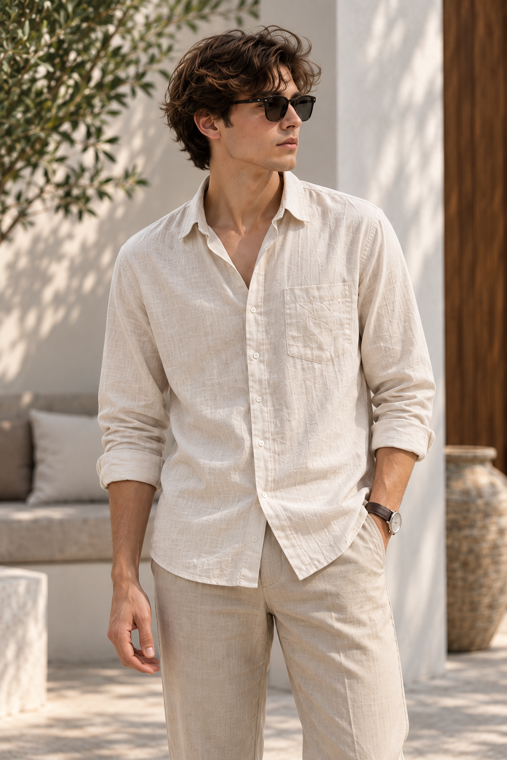 Ivory Premium Linen shirt for men, front view on model
