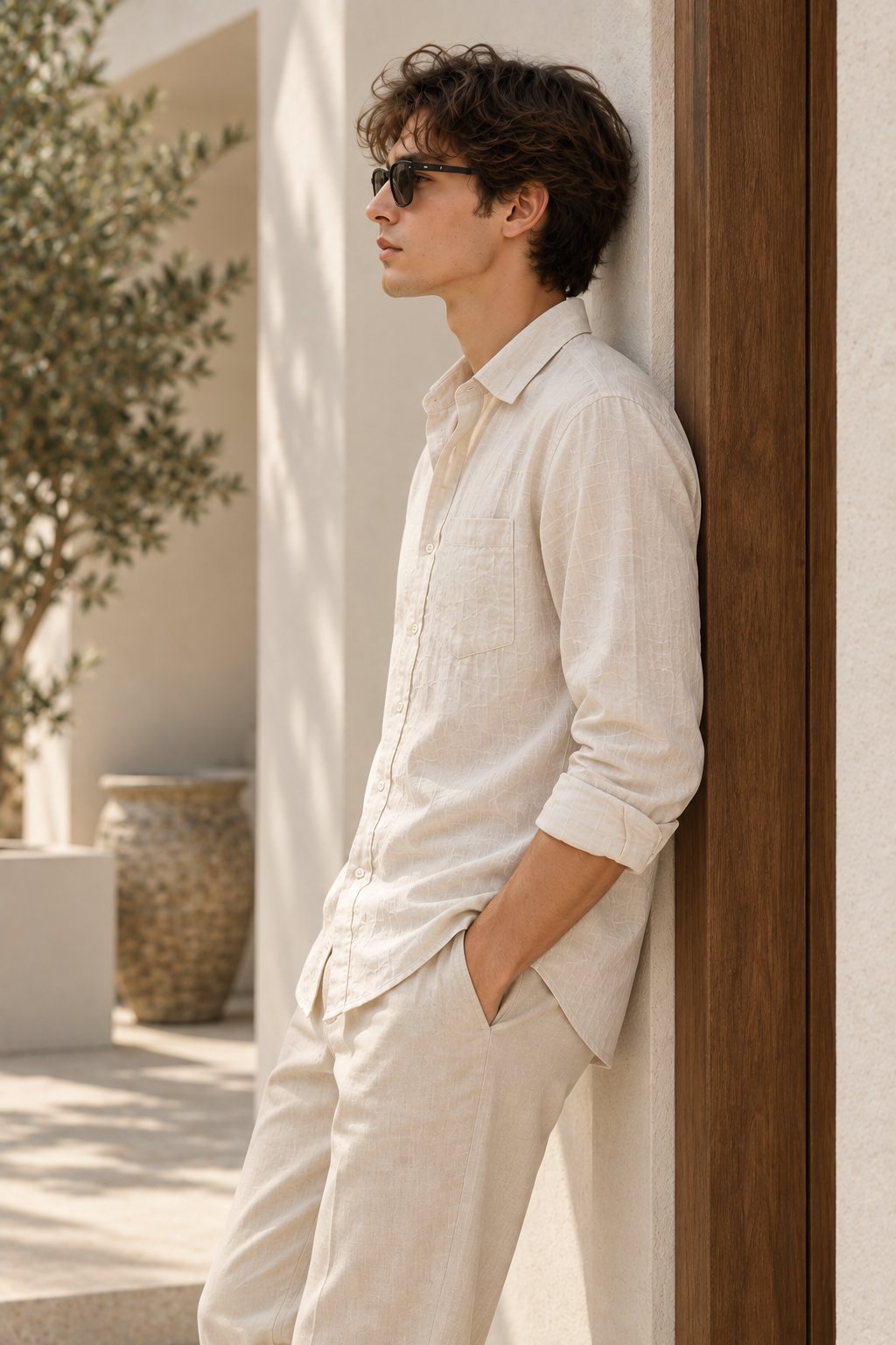 Side view of men's ivory Premium Linen shirt