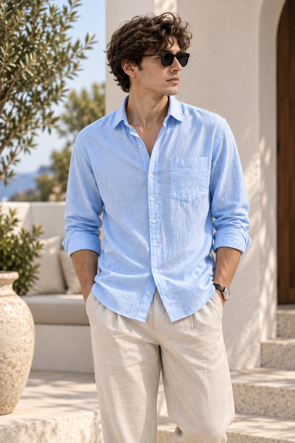 Men's sky blue Premium Linen shirt, front view