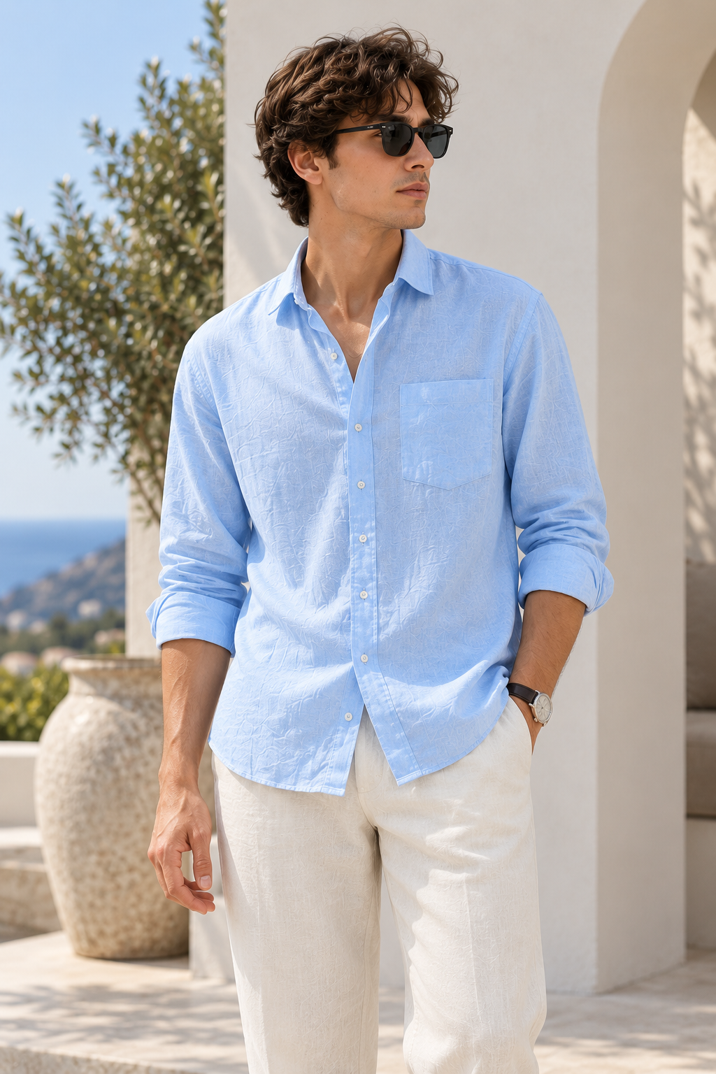 Sky blue Premium Linen shirt for men, front view on model