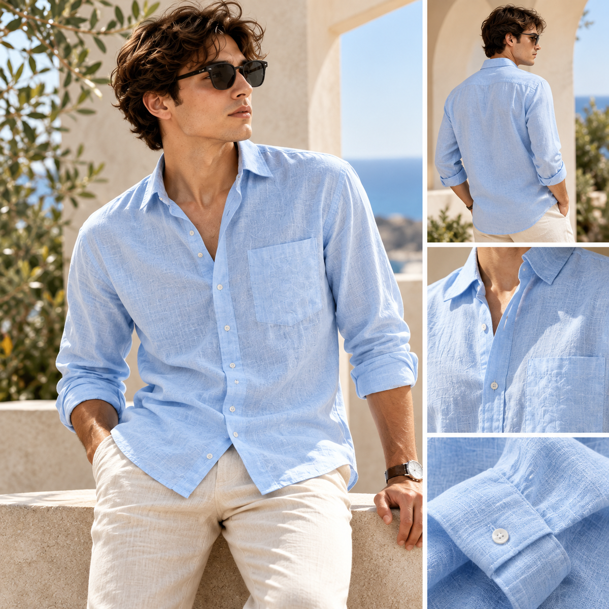 Sky blue linen shirt details — collar, chest pocket and buttoned cuff