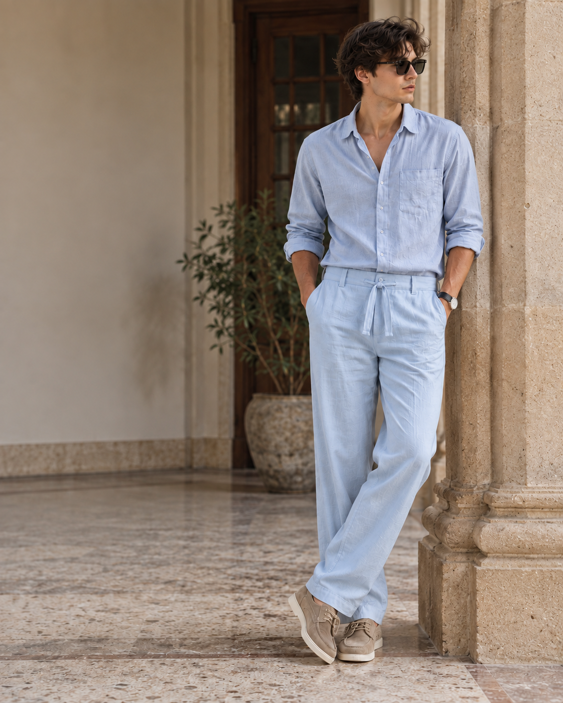 Sky blue Premium Linen trousers for men — styled for a summer day out