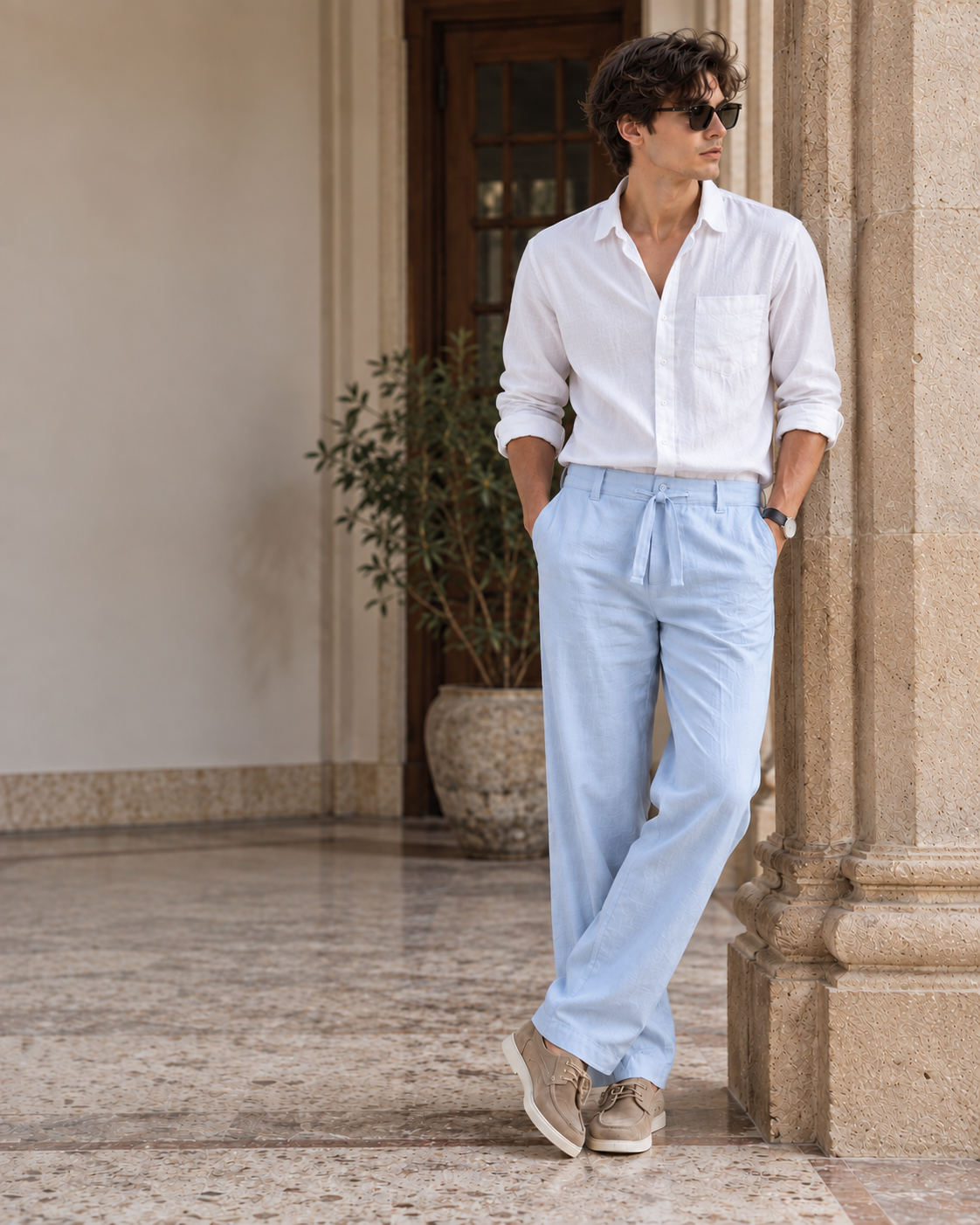 Sky blue Premium Linen trousers for men — smart-casual outfit idea