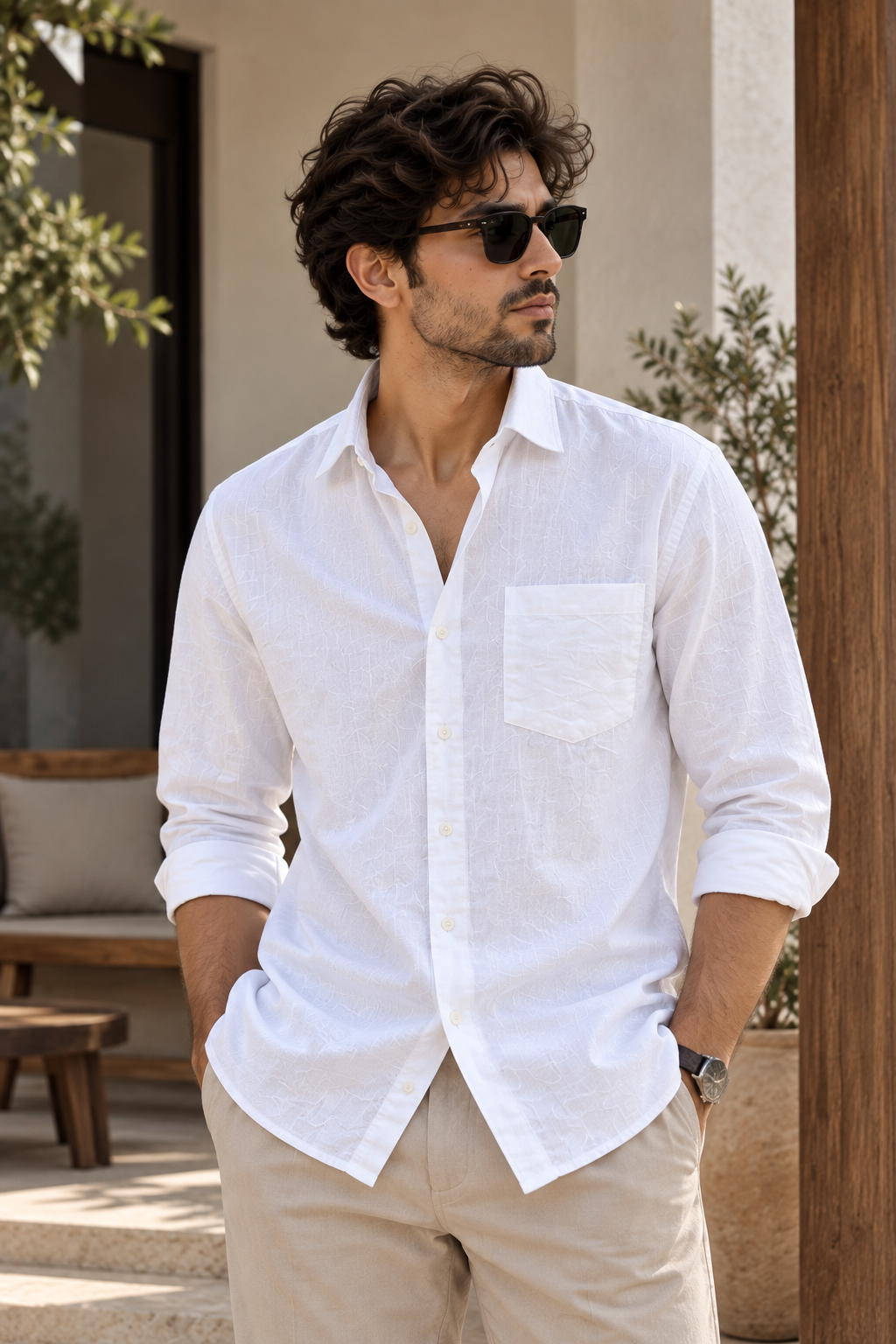 Men's white Premium Linen shirt, front view