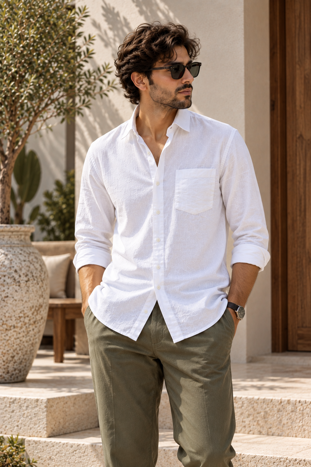 White Premium Linen shirt for men, front view on model