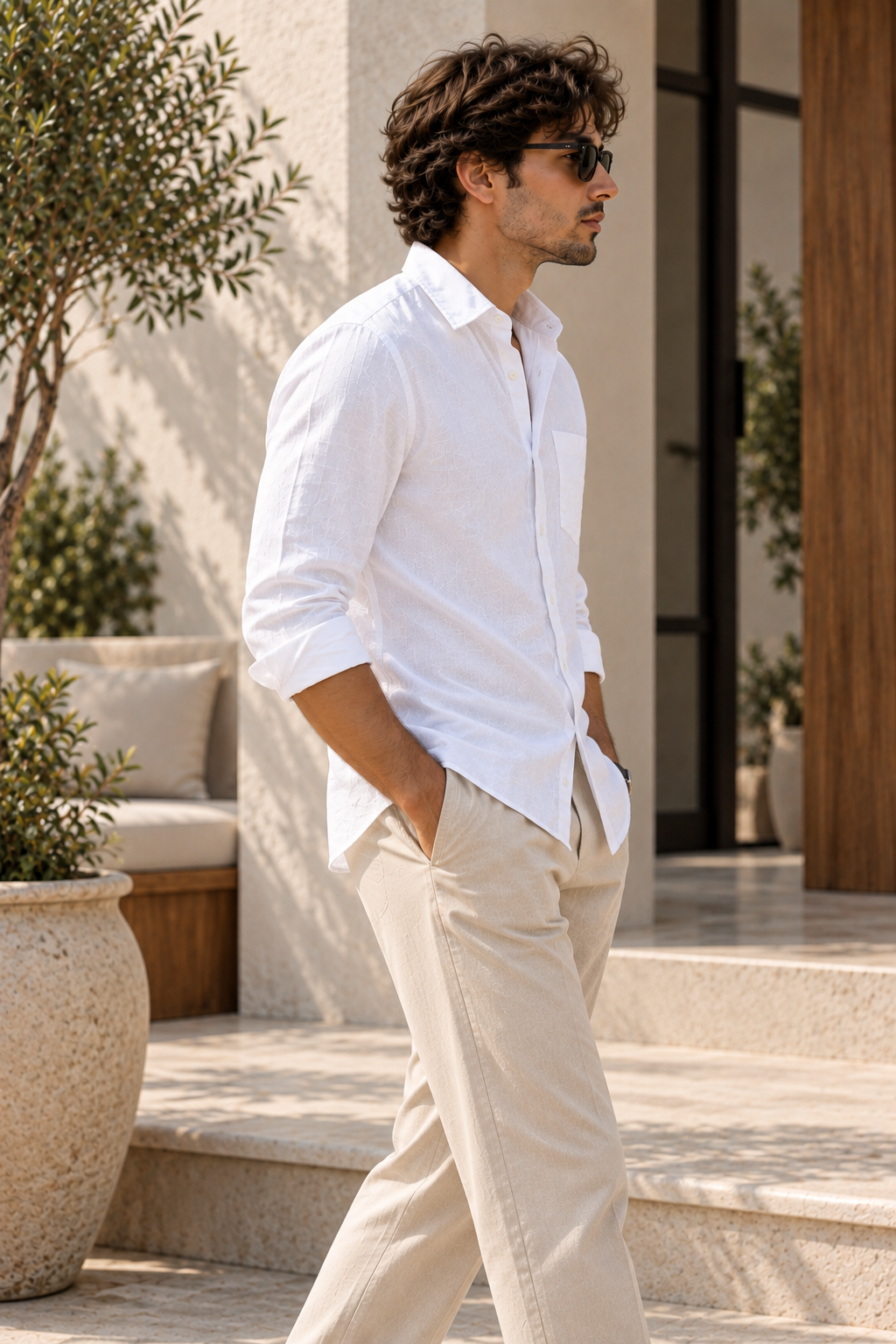 Man walking in white Premium Linen shirt