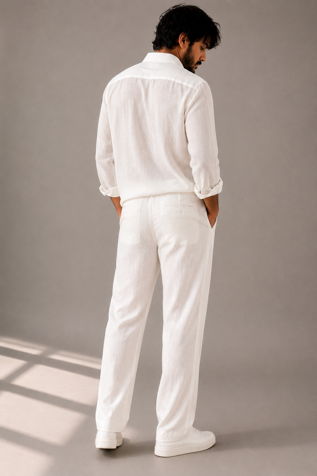 White cotton linen co-ord set shirt detail