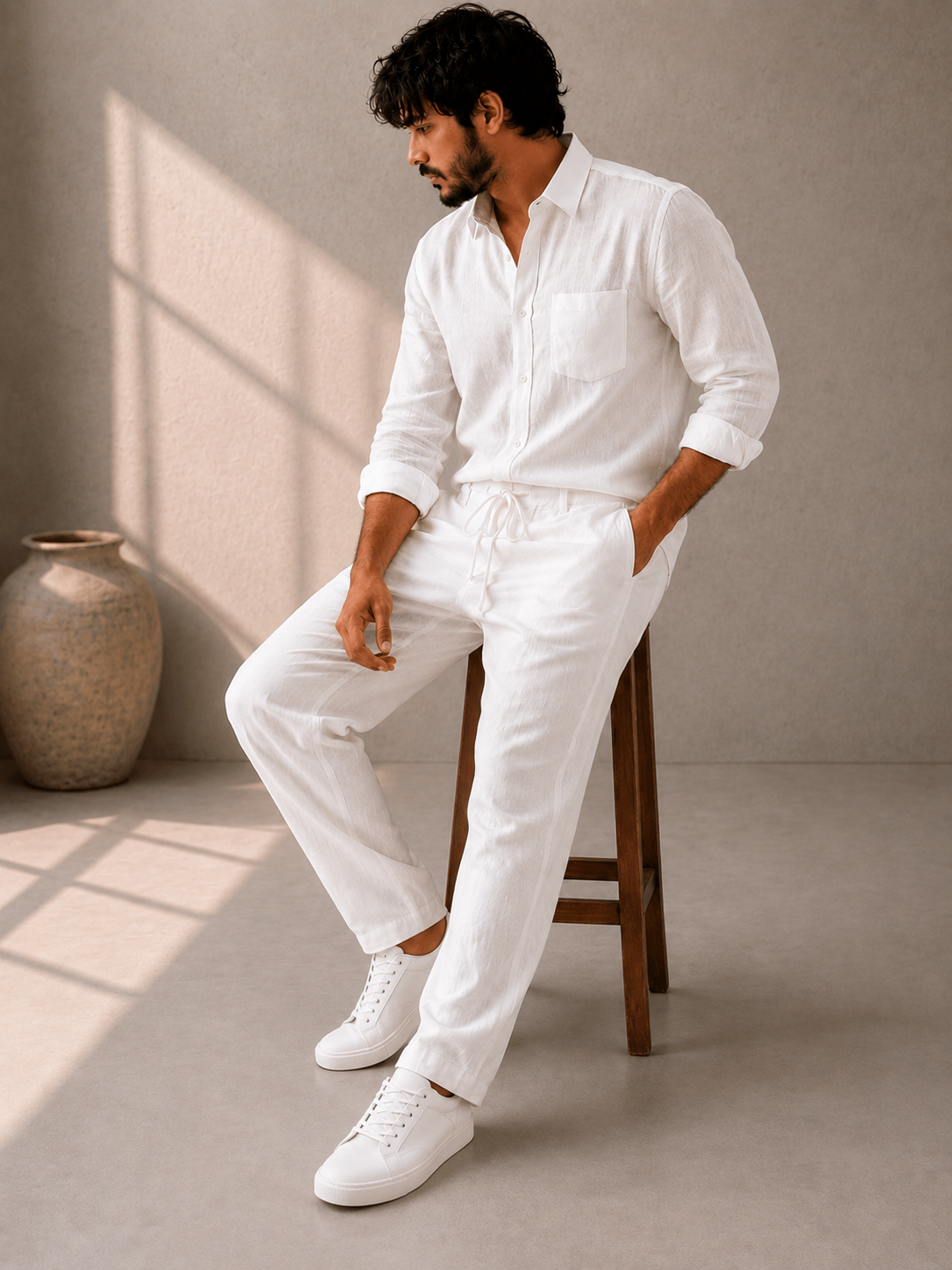 White linen co-ord set for men styled for summer
