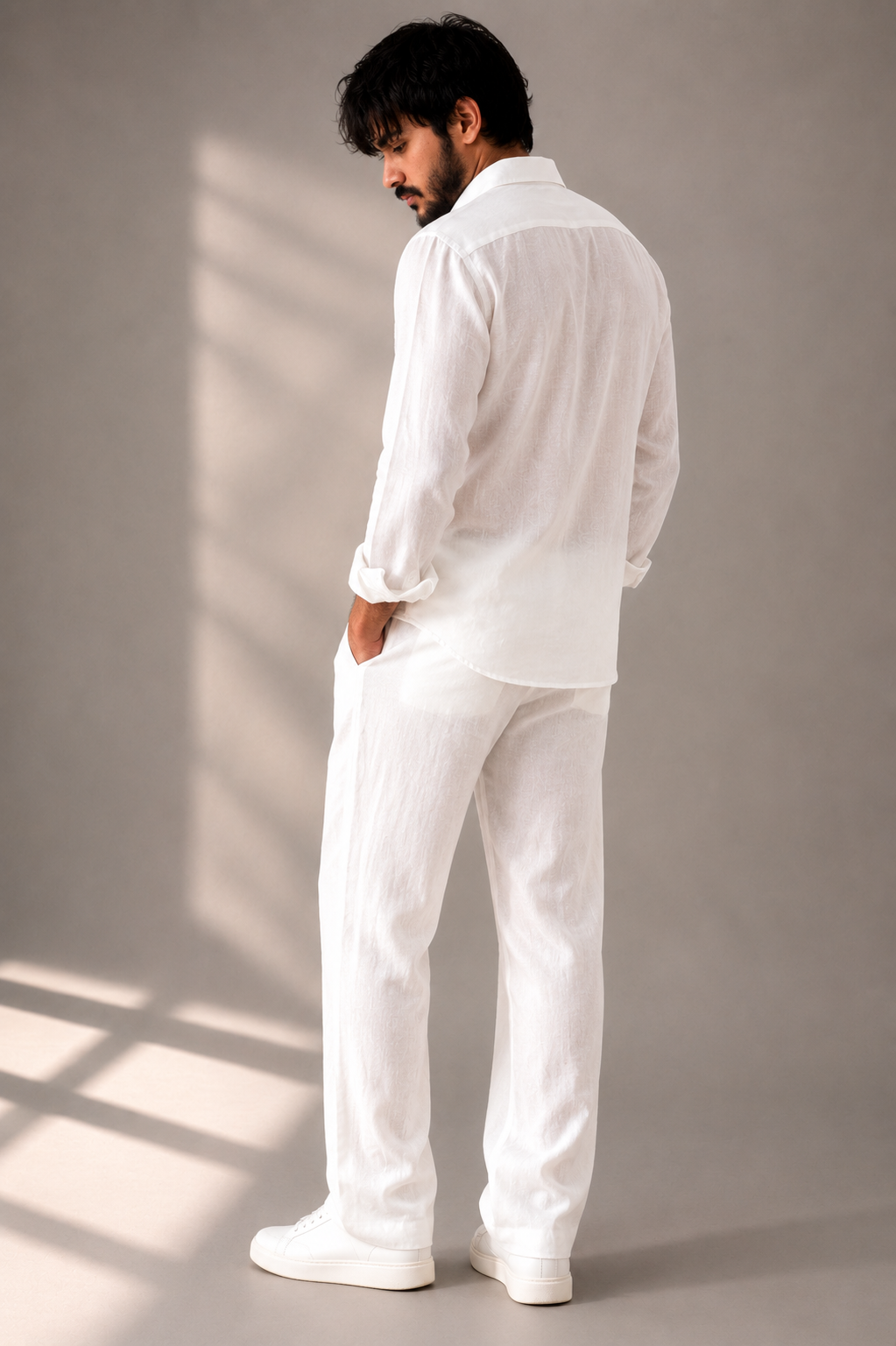 White linen cord set for men full outfit view