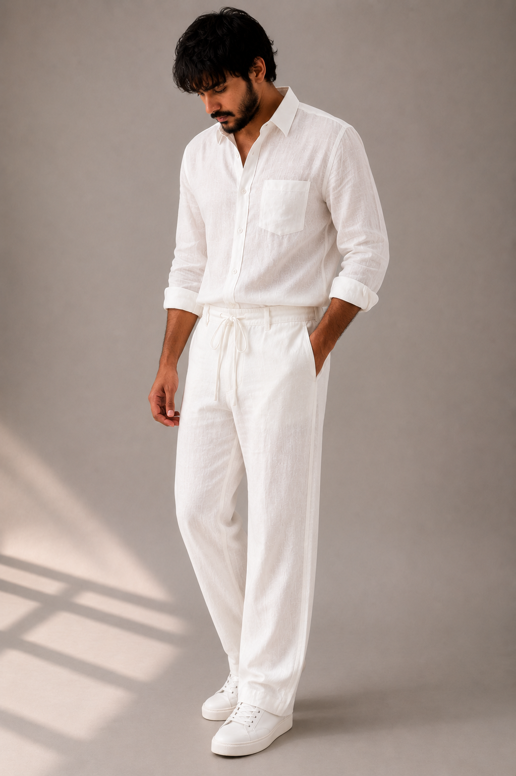 White linen cord set trousers detail