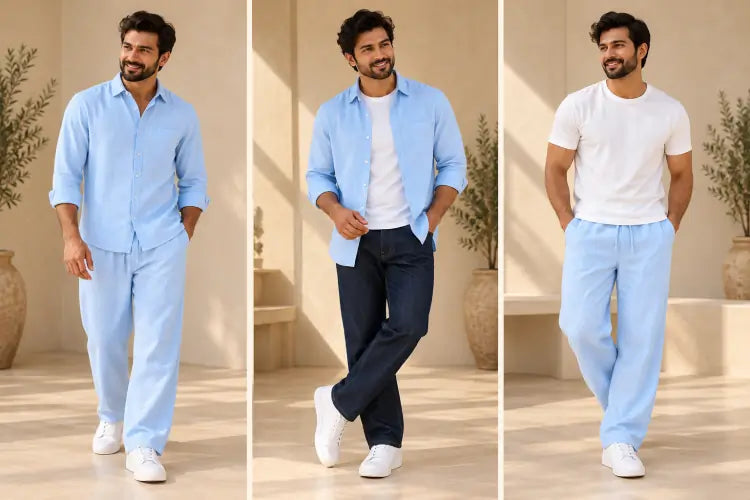 Campaign image: The same man in three outfits: the full Sky Blue Premium Linen co-ord set, the shirt worn open over a white tee with jeans, and the trousers with a white tee