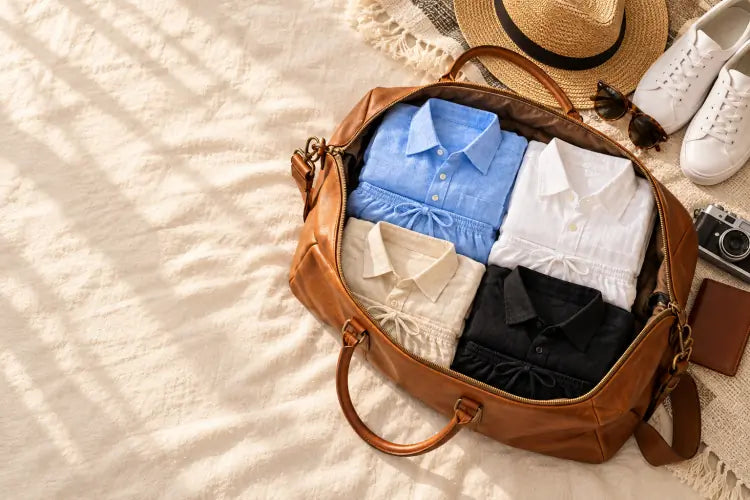 Campaign image: An open leather weekender bag packed with folded Premium Linen co-ord sets in sky blue, white, ivory and black, with a straw hat, sunglasses and white sneakers